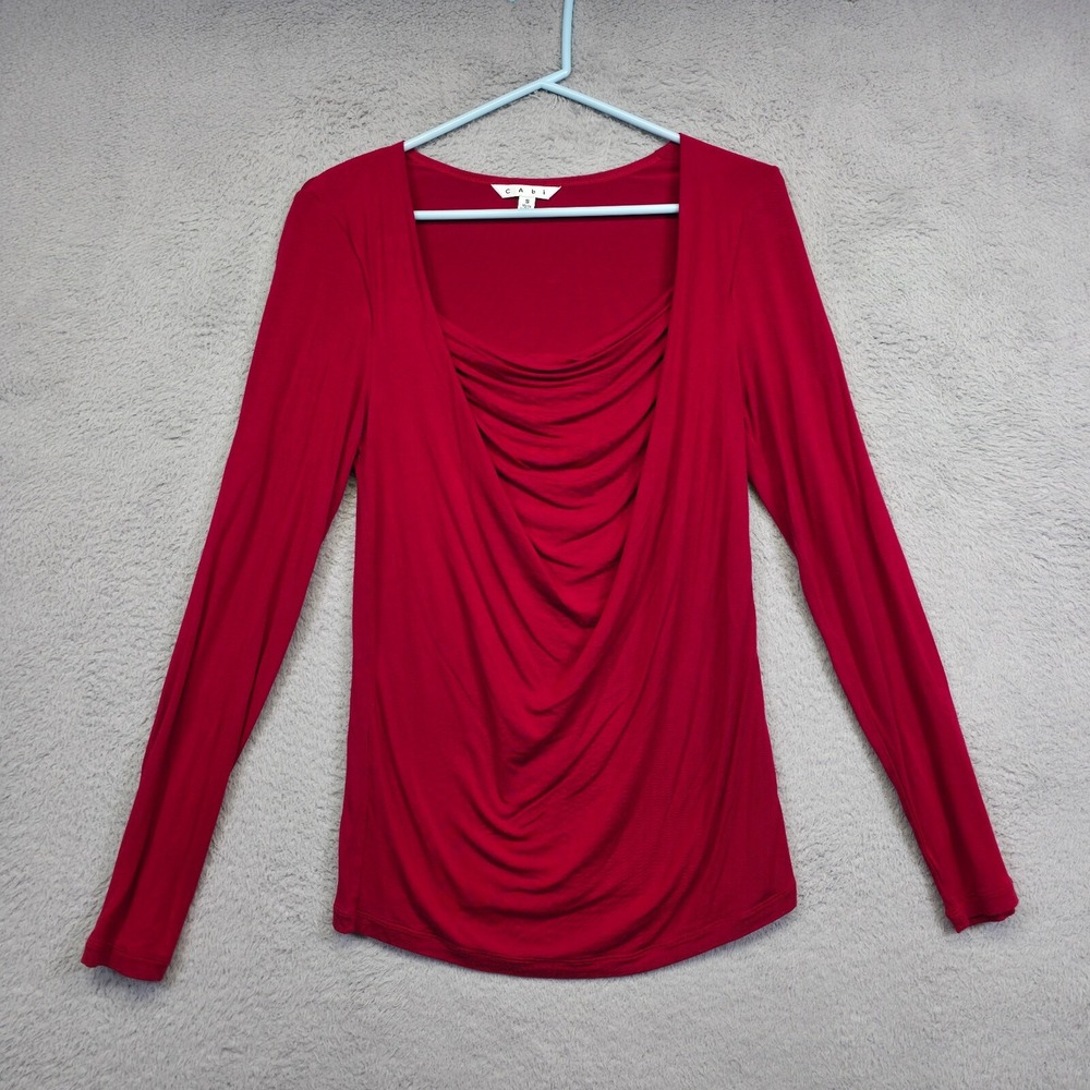 CAbi Top Womens S Crimson Red Draped Cowl Neck Stretch Romantic Elegant Timeless